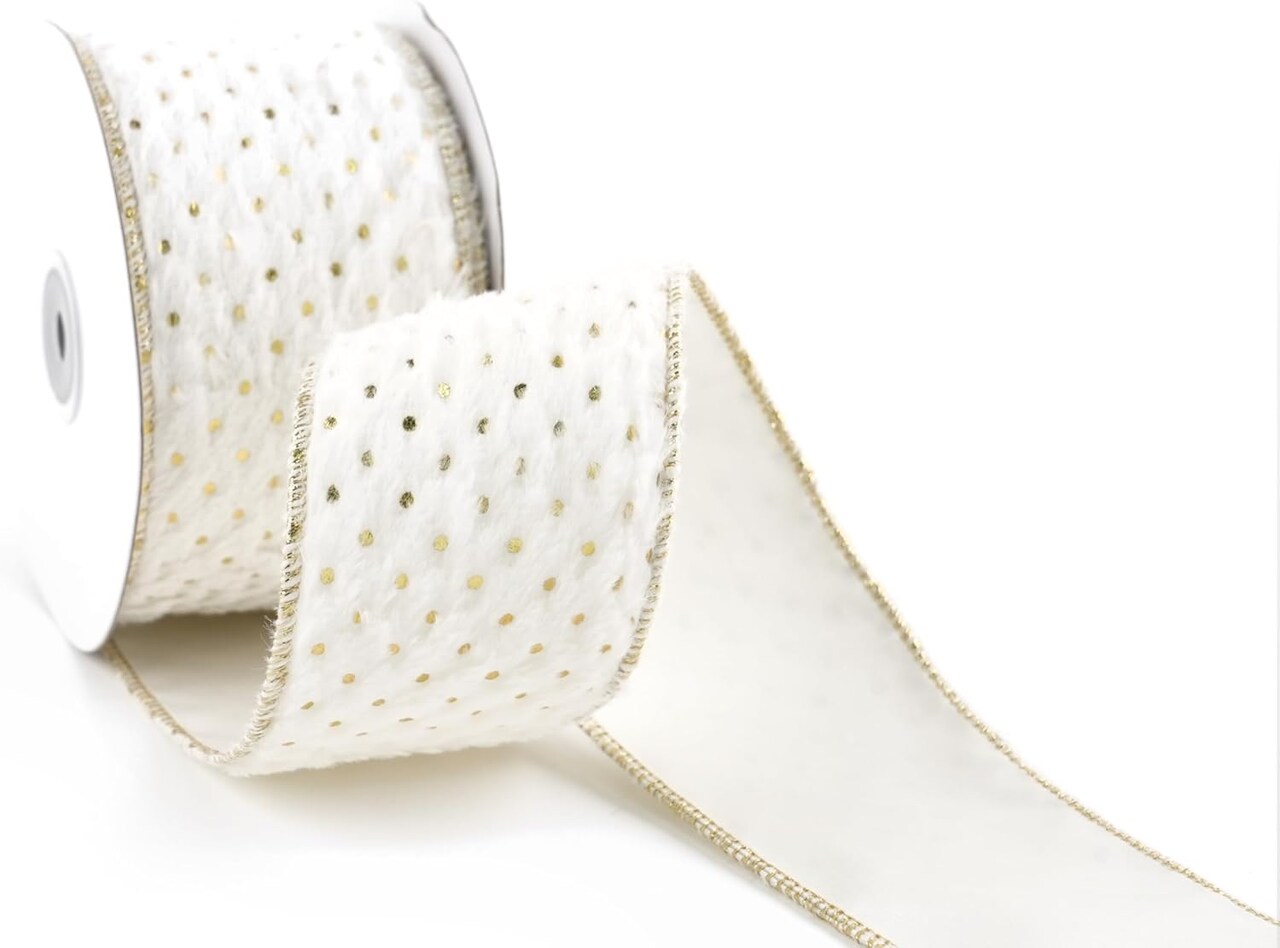 White and Gold Christmas Ribbon 2.5" X 10 Yards White Faux Fur Wired Ribbon with Gold Polka Dot, White Polka Dot Ribbon for Christmas Trees, Bows, Wreaths, Garlands, Gift Wrapping, Home Decor